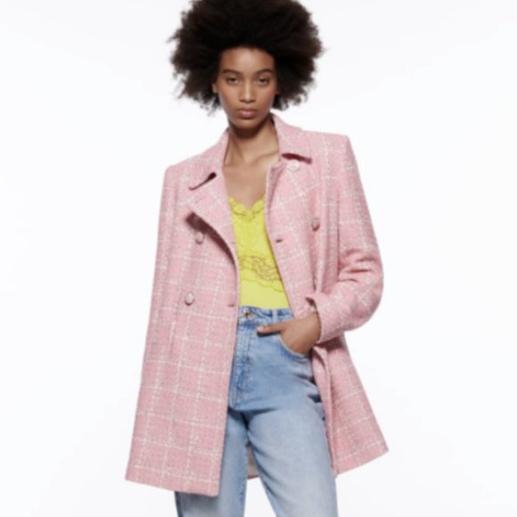 ZARA WOMEN NEW TEXTURED PLAID COAT SHORT JACKET PINK / WHITE 2413/152 XS - XL - Picture 5 of 12